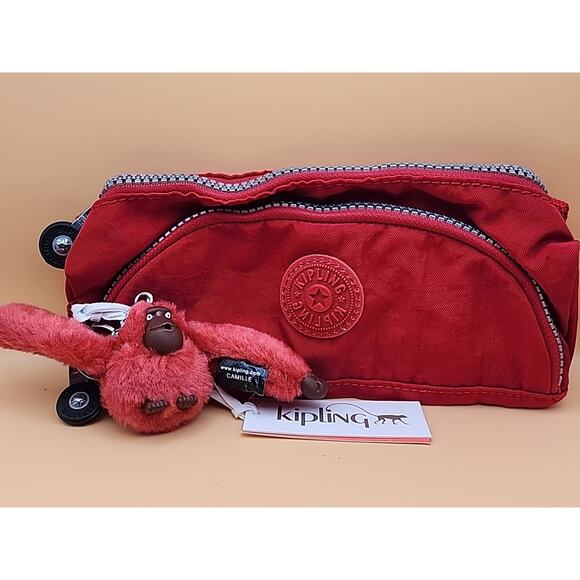 Kipling "Cute" Double Zip Pouch Soft Pen Case w/Gorilla - Red - Picture 1 of 6